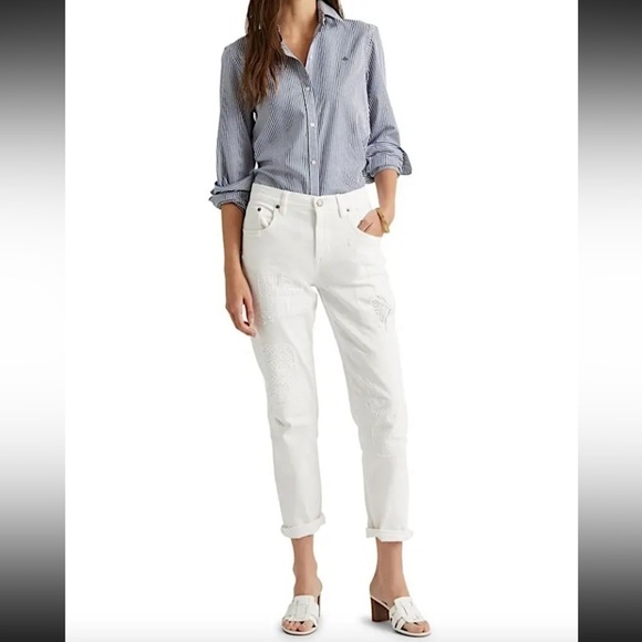 Lauren Ralph Lauren White Eyelet Patchwork Relaxed Tapered Jeans Size 16 Women - Picture 1 of 16